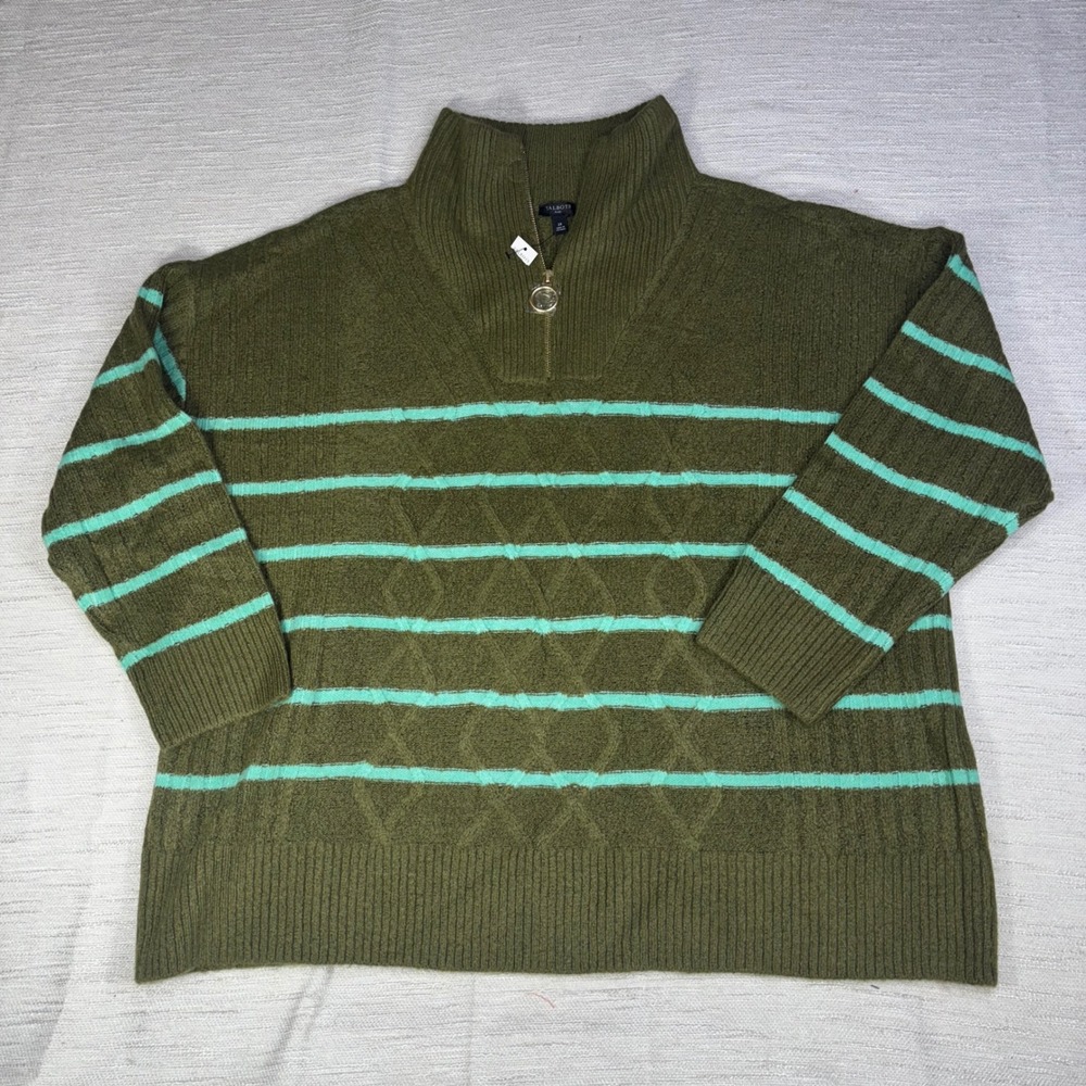 New Talbots Olive Green Mint Stripe Cable Knit Quarter Zip Pullover Sweater‎ 2X - Picture 8 of 11
